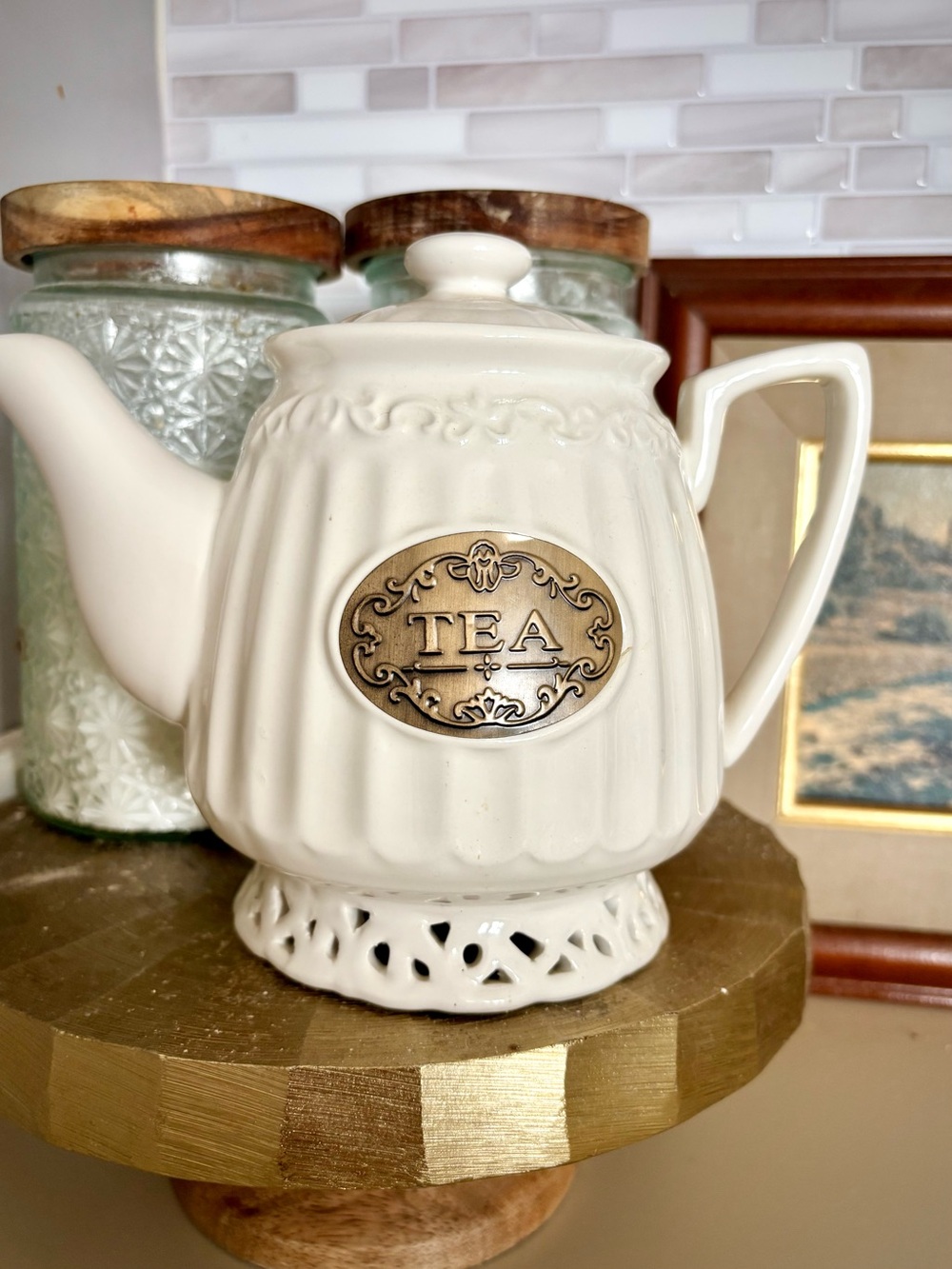 Cream Ceramic Tea Pot with Brass 'TEA' Accent